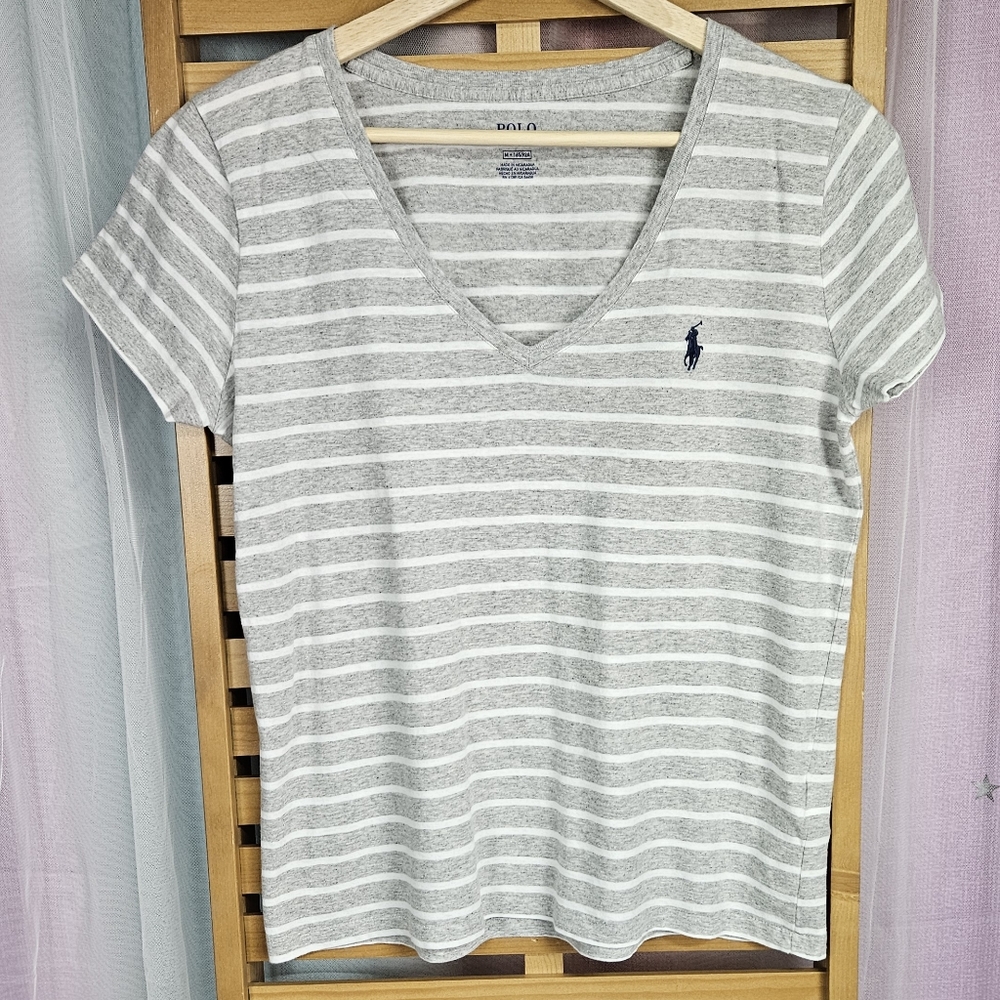 Polo Ralph Lauren Medium Striped Vneck Tshirt Grey & White